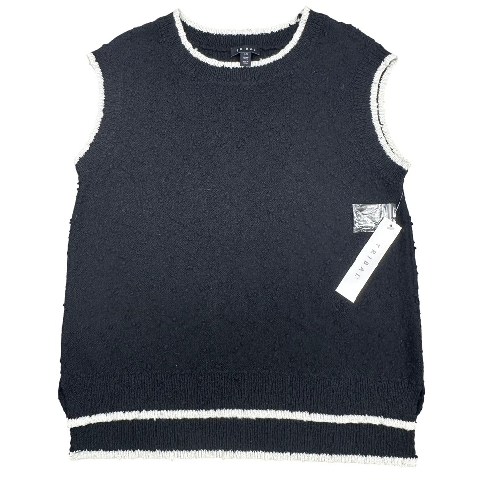 Tribal Slvless Sweater W/Contrast Tiping Womens Black Textured Slub Knit Tank M‎